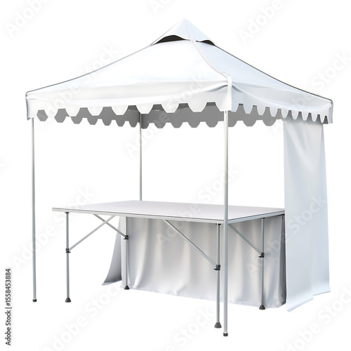 White pop up canopy tent with display table and skirting isolated on transparent background