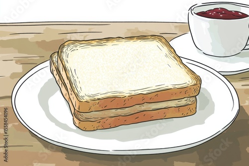 Simple and Delicious Pairing of Toasted Bread and Fruit Jam on a Plate with a Cup in the Background for a Cozy Breakfast or Snack Concept