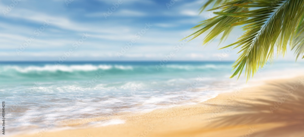 Obraz premium The tranquil beach with palm leaves framing the beautiful ocean view.