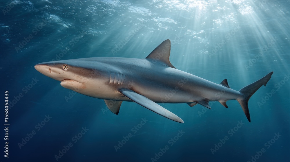 Fototapeta premium Isolated head-necked shark captured in motion in a clear, deep ocean background