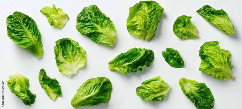 The Fresh Green Lettuce Leaves Arranged Artfully on a White Background The Fresh Green Lettuce Leaves Arranged Artfully on a White Background