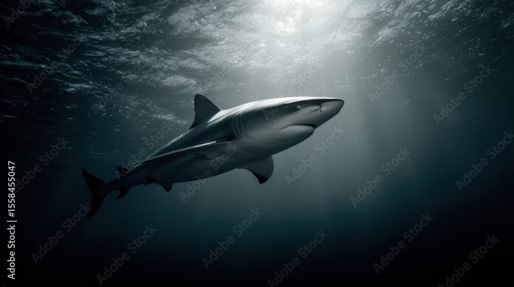 Fototapeta premium Shark passing silently over a dark ocean trench with faint background texture
