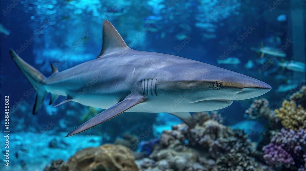 Obraz premium Vibrant blue background surrounding a lone head-necked shark in motion