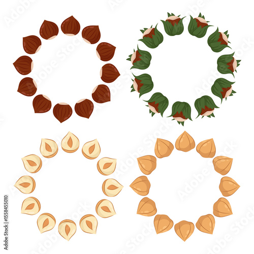 Set round of hazelnuts borders for design and decoration. Peeled hazelnuts, in shell, with green leaves and cut. For packaging, food design.	