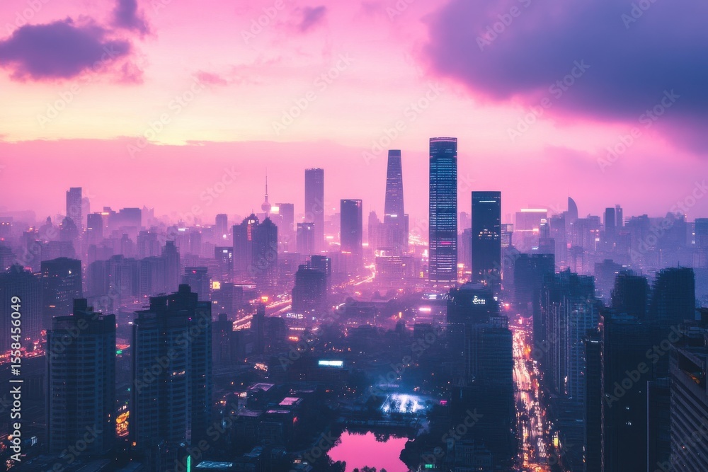 Fototapeta premium Cityscape at dusk featuring tall buildings under a pink and purple sky with a hazy atmosphere