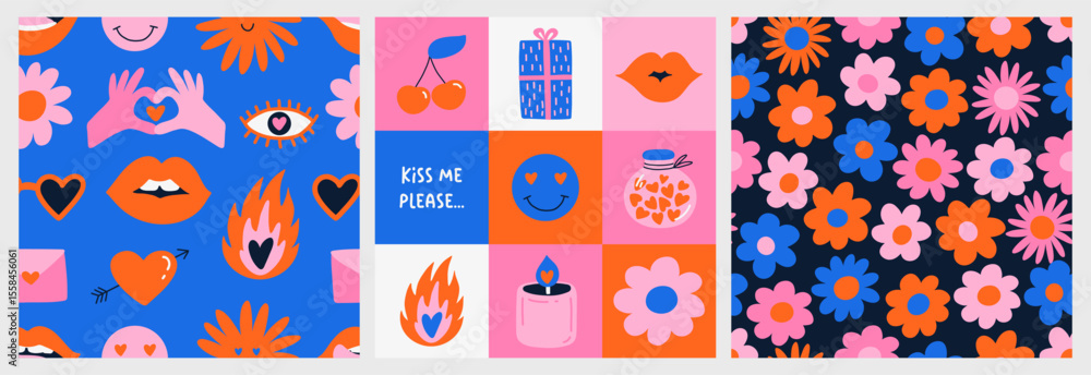 Obraz premium A vibrant collection of seamless vector patterns inspired by retro love aesthetics. Perfect for Valentine's Day projects, gift wrap, cards, posters, social media, and textile design.