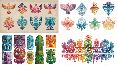 Colorful totem pole and spirit bird motifs with tribal geometric patterns in vibrant gradients. Ideal for ethnic, folklore, or symbolic visual projects.

