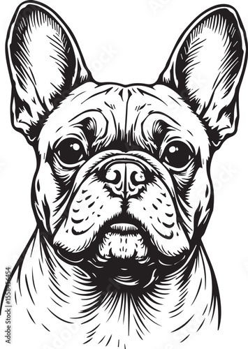 French Bulldog's Portrait: A dignified black and white illustration of a French Bulldog with its characteristic large ears and a contemplative expression.
