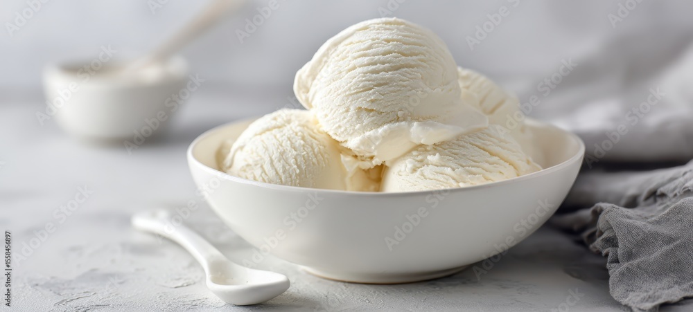 The creamy vanilla ice cream served in a stylish white bowl. The creamy vanilla ice cream served in a stylish white bowl.
