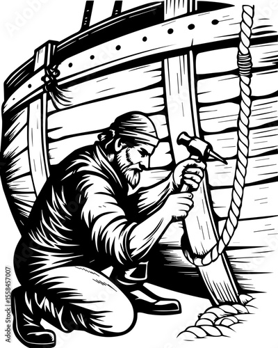 SVG of an undead navy skull blending nautical and eerie undead themes. Skilled Craftsman Working on Wooden Boat Repair with Hammer
