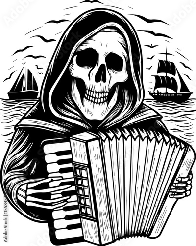 SVG of an undead navy skull blending nautical and eerie undead themes. Grim Reaper Playing Accordion by the Sea with Sailing Ships Background