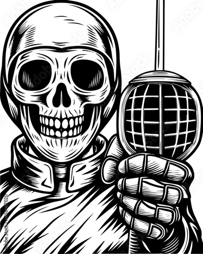 SVG of an undead navy skull blending nautical and eerie undead themes. Skull Masked Fencer Holding Foil Sword in Vintage Style Illustration