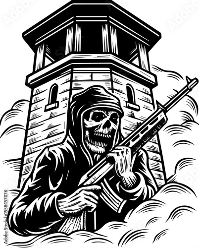 SVG of an undead navy skull blending nautical and eerie undead themes. Skeleton Guardian with Rifle in Front of Watchtower Illustration