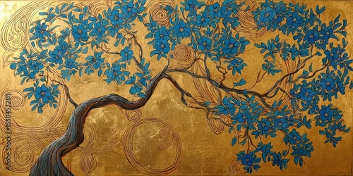 Gold Leaf Painting of a Tree with Golden Flowers and Green Floral Patterns
