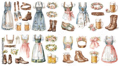 Charming watercolor set of Oktoberfest traditional costumes, beer mugs, floral wreaths, shoes, and accessories. Great for German festival and cultural designs.

