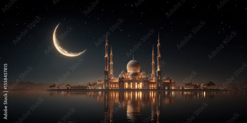 Fototapeta premium Ultra-Realistic 3D Render of Ramadan Celebration with Night Sky, Crescent Moon, and Islamic Architecture