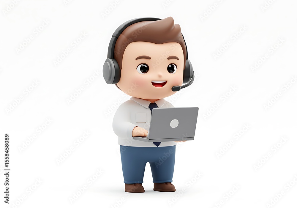 3D Cartoon Customer Service Agent Uses Laptop, Smiling Helpfully on White Background 3D Cartoon Customer Service Agent Uses Laptop, Smiling Helpfully on White Background
