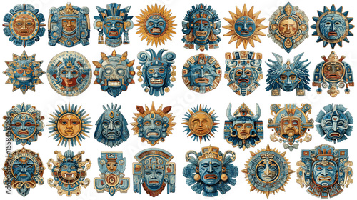 Vibrant collection of Aztec-inspired sun masks and tribal faces in blue and gold hues. Perfect for cultural, historical, or decorative ethnic art themes.

