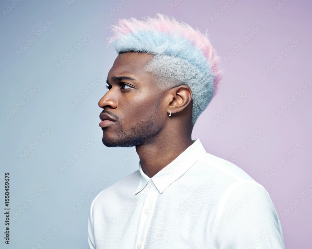 Obraz premium A young man with pastel blue and pink afro-textured hair poses in profile with a serious expression against a soft gradient background
