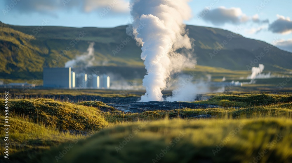 Fototapeta premium Geothermal energy production in iceland industrial landscape natural environment aerial view sustainability concept