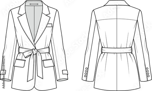 Belted blazer jacket flat sketch, fashion CAD drawing with patch pockets, waist tie, tailored fit, vector apparel illustration front and back