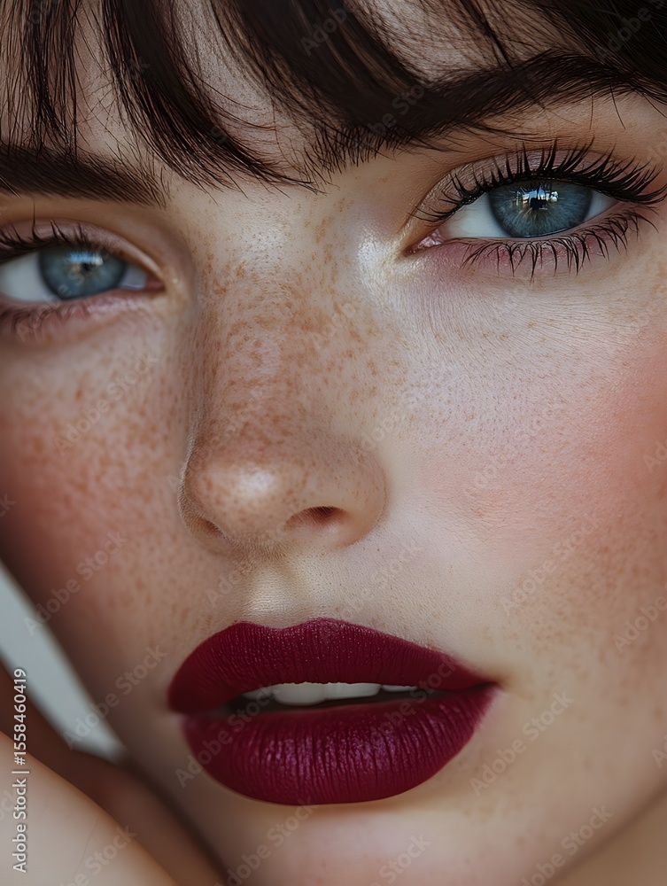 Fototapeta premium a close-up shot of a model's face with burgundy lips and winged eyeliner, the model's hand holding their head, against a white background
