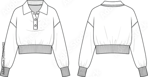 Cropped polo sweatshirt flat sketch, fashion CAD drawing with ribbed hem and cuffs, button placket, vector apparel illustration front and back