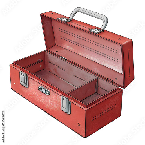 Open red metal toolbox with handle isolated on transparent background