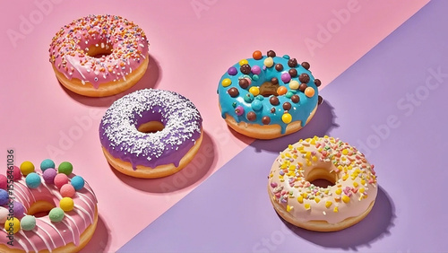Sweet Dessert Donuts on Pink and Purple Background