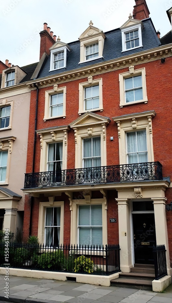 Obraz premium Elegant Victorian London Townhouse Imposing Brick Facade, Grand Windows, Ornate Detailing. Perfect for historical real estate, travel, and architectural projects.
