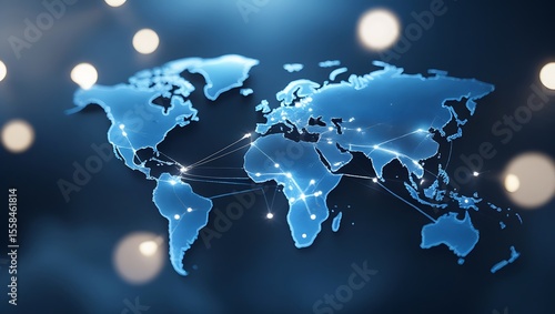 Blue World Map with Connected Nodes and Glowing Bokeh Effect