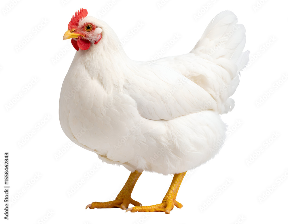 Fototapeta premium A pristine white hen stands gracefully, showcasing its beautiful feathers and vibrant comb.