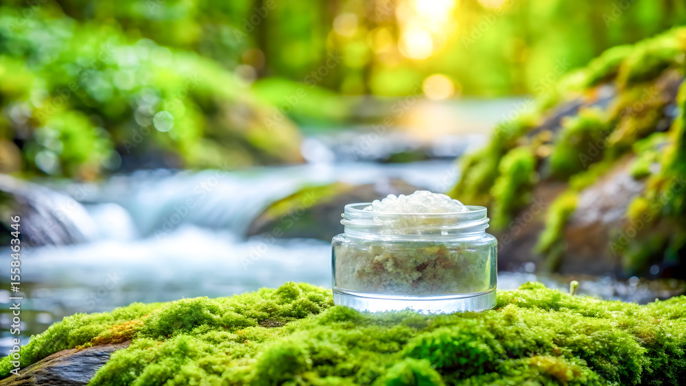 Naklejka premium Natural bath salt in a glass jar on moss with a creek flowing softly behind it, promoting wellness and a relaxing spa experience.