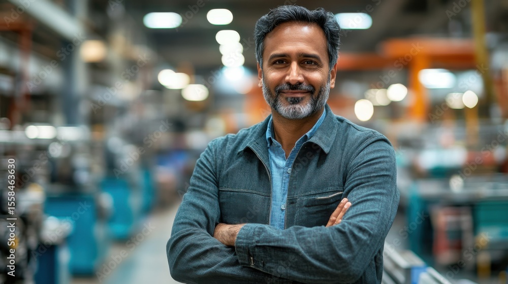 Fototapeta premium Industrial worker smiling in factory manufacturing plant portrait indoor close-up professionalism and teamwork