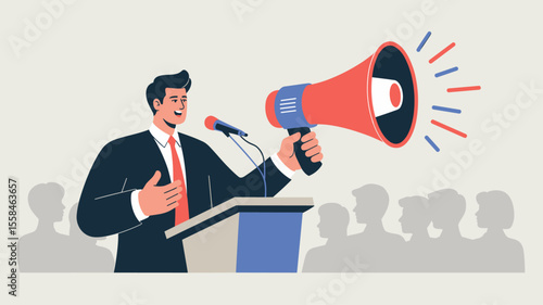 ceo at podium making an announcement with a megaphone, vector illustration for company town hall, public speaking and leadership communication