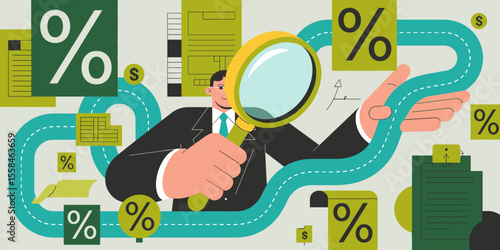 financial analyst inspecting tax documents with magnifying glass, vector illustration for corporate tax law, strategy and financial audit