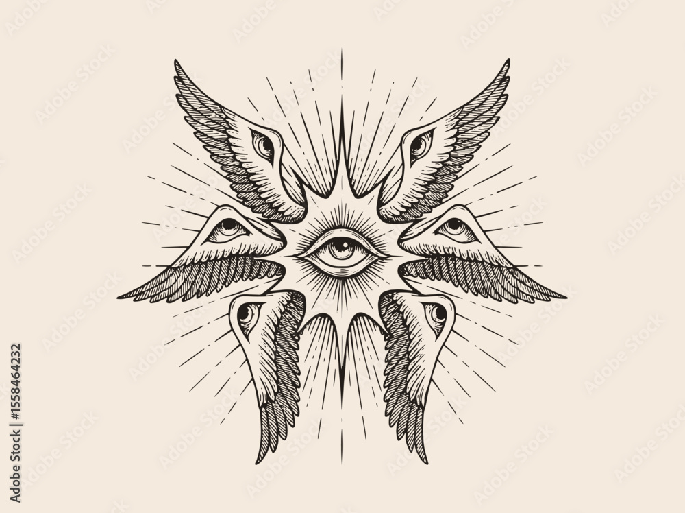Seraphim multiple eyes wings engraving style vector illustration