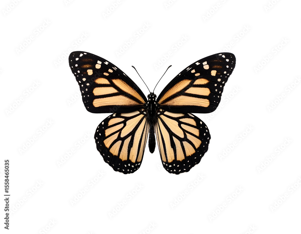 Obraz premium A stunning monarch butterfly showcases its vibrant orange and black wings in a captivating top-down view