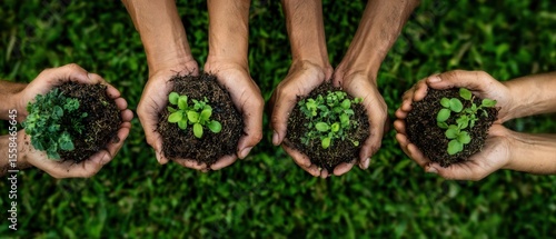 The hands gently holding young plants in rich soil.