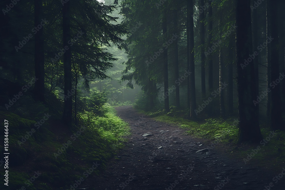 Obraz premium Moody Forest Path: Dark, Misty, Green, Serene, and Mysterious Nature Trail