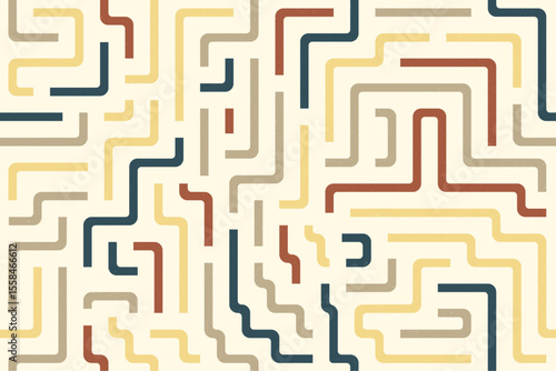 Colorful abstract maze lines background with red, yellow, green segments on a cream base