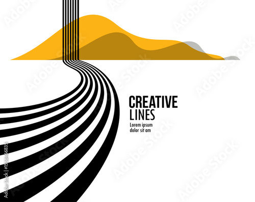 Linear composition vector road to horizon, abstract background with lines in 3D perspective, optical illusion op art, black and yellow colors.
