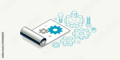 User manual and guideline concept, technics instruction brochure, paper sheet with gears 3D isometric vector illustration, engineering and repair tutorial.