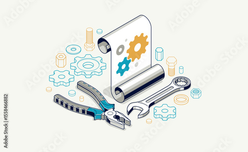 Mechanical engineering project in embodiment implementation concept, engine draft plan drawing and work process, paper sheet with gears and tools 3D isometric vector illustration, repair tutorial.