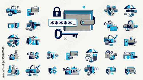 Safety of finances vector detailed icons set, financial risk, secured savings, protected bank account, insurance and privacy protection.