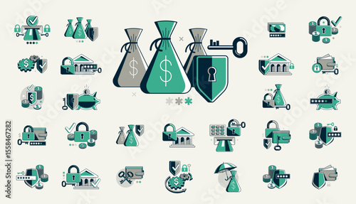 Financial safety vector detailed icons set, secured account and transaction, protected finance money.
