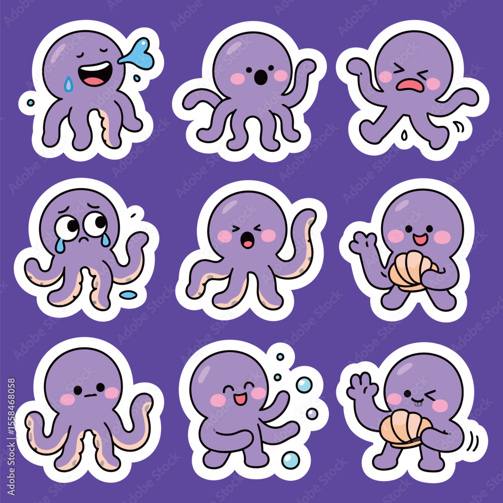 Fototapeta premium Cute Purple Octopus Expressions Showing Various Emotions and Activities