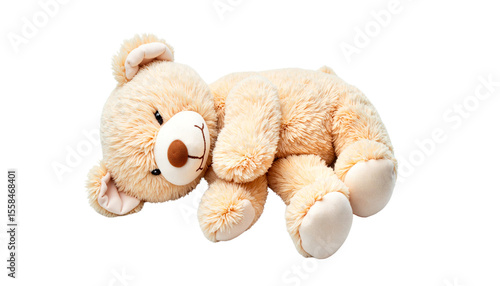 Stuffed teddy bear lying down with soft fur on a white background  