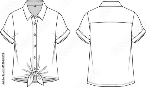 Cad drawing flat vector illustration of short sleeve button-up shirt with front tie knot, front and back view, fashion sketch
