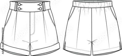 Cad drawing flat vector illustration of high waist tailored shorts with buttons, front and back view, fashion technical sketch design